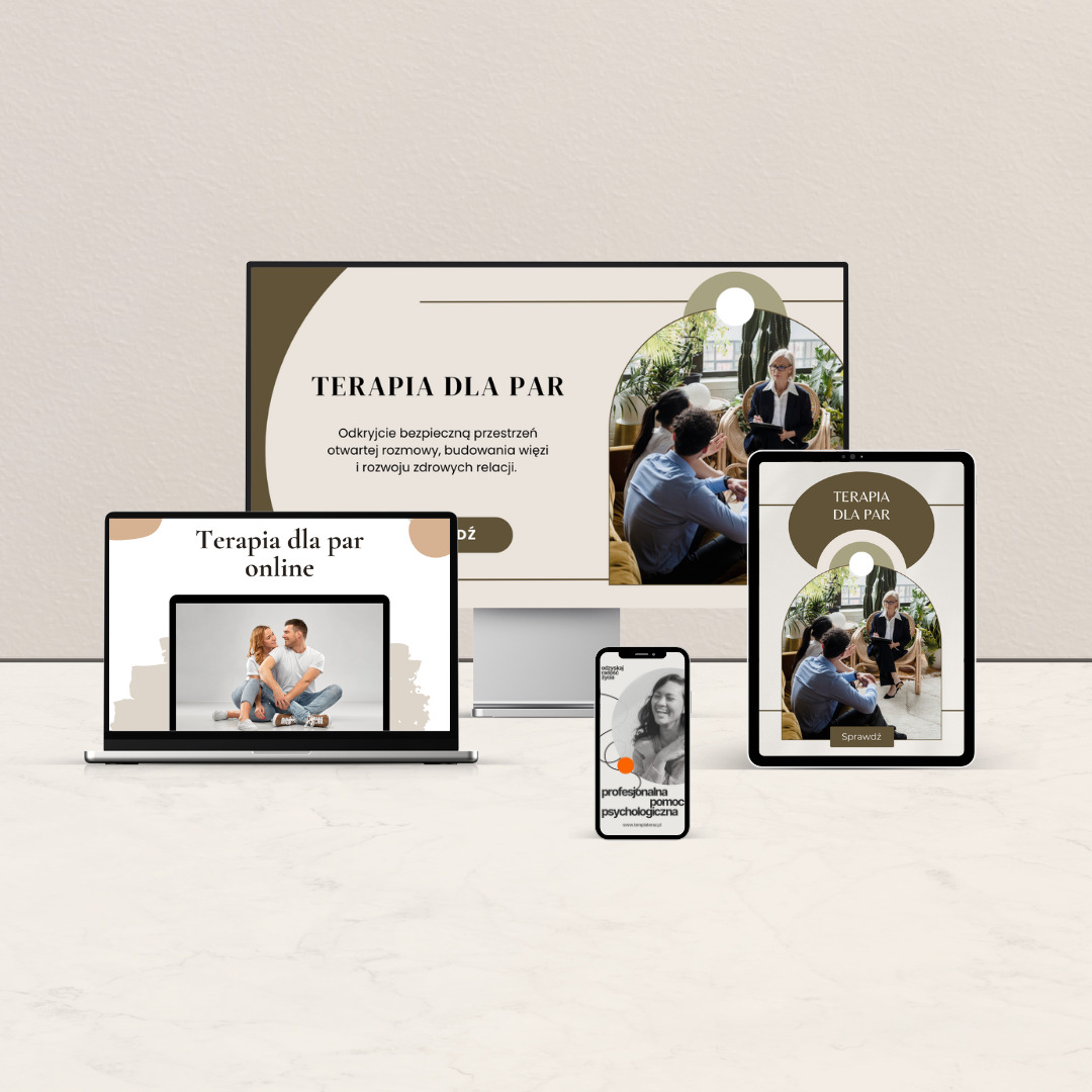 Prezentacja strony internetowej i aplikacji mobilnej z ofertą terapii dla par, widoczne na laptopie, tablecie i smartfonie