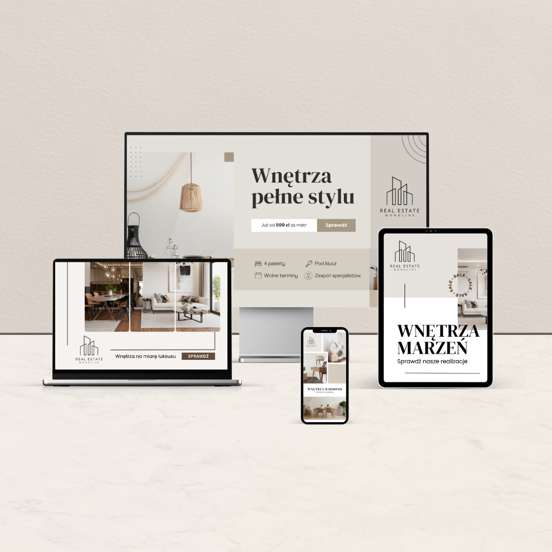 Prezentacja strony internetowej firmy Real Estate na laptopie, monitorze, tablecie i smartfonie, z minimalistycznym logo i hasłami o wnętrzach w tle.