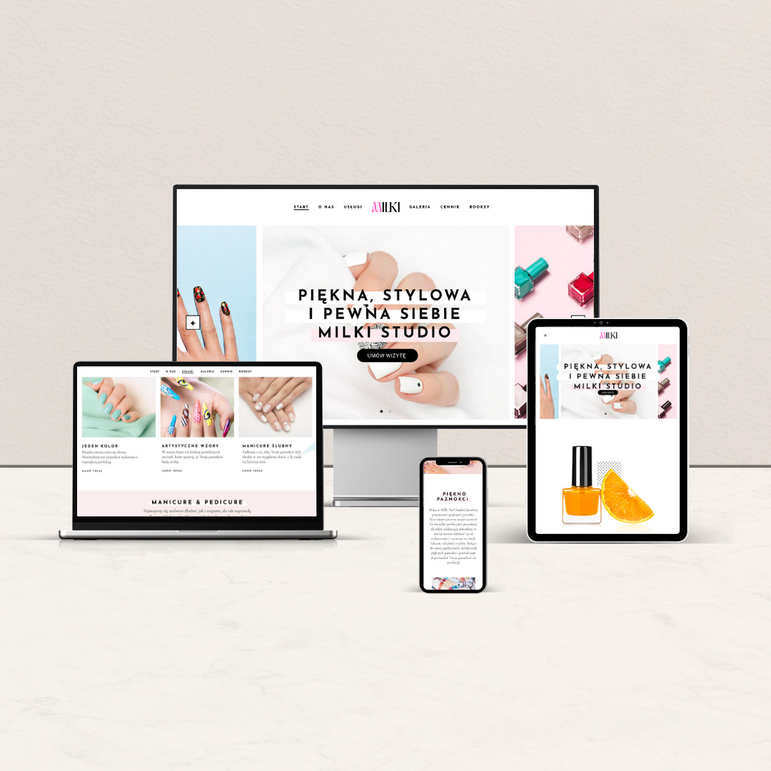 Responsywna strona internetowa studia manicure na monitorze, laptopie, tablecie i smartfonie, prezentująca ofertę i branding firmy.