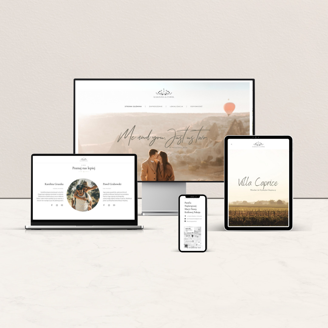 Responsywny design strony internetowej prezentowany na monitorze, laptopie, tablecie i smartfonie, z minimalistycznym logo i motywem ślubnym na tle krajobrazu Kapadocji z balonem.