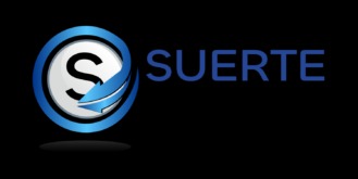 Niebiesko-białe logo firmy z literą 'S' w okręgu i strzałką, obok napis 'SUERTE' na czarnym tle.