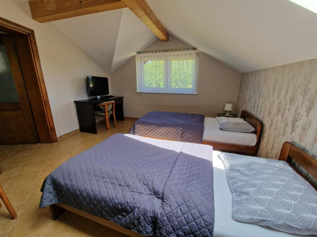 Pokój z dwoma łóżkami pojedynczymi na poddaszu, skośny sufit z drewnianymi belkami, telewizor na biurku, okno z widokiem na zieleń.