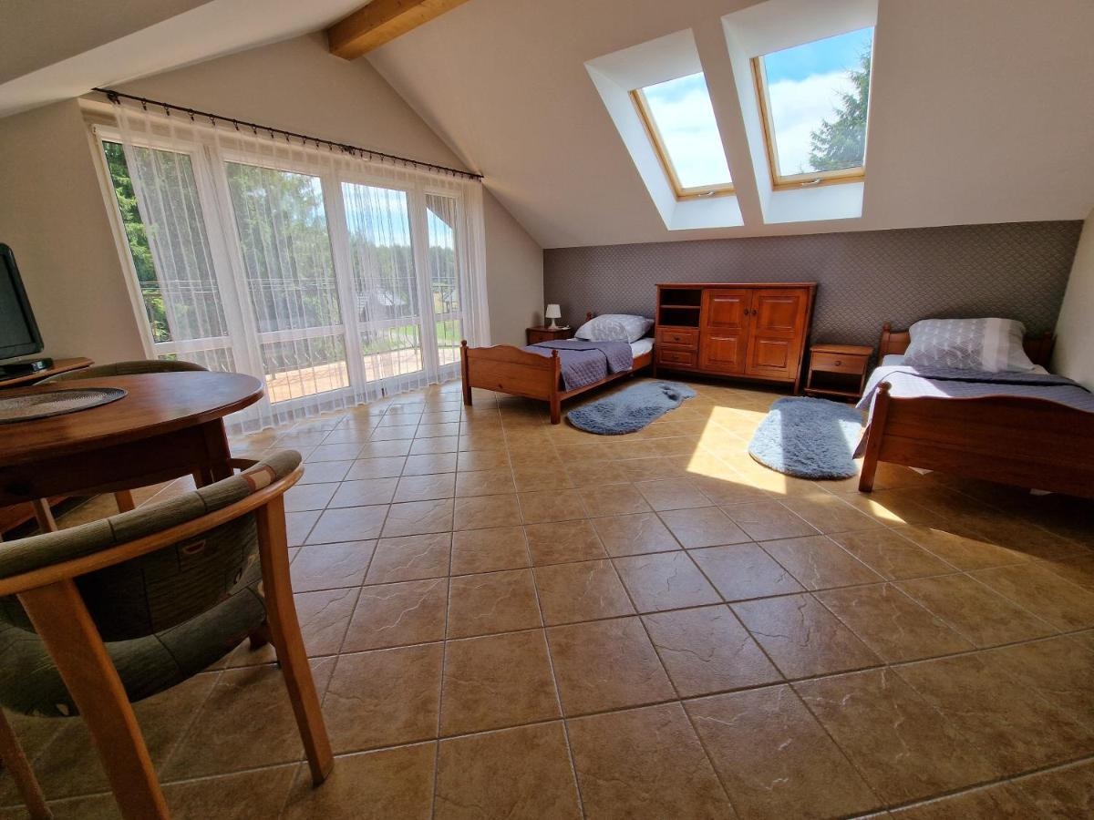 Pokój na poddaszu z dwoma pojedynczymi łóżkami, drewnianymi meblami i oknami dachowymi w Hotelu SPA.