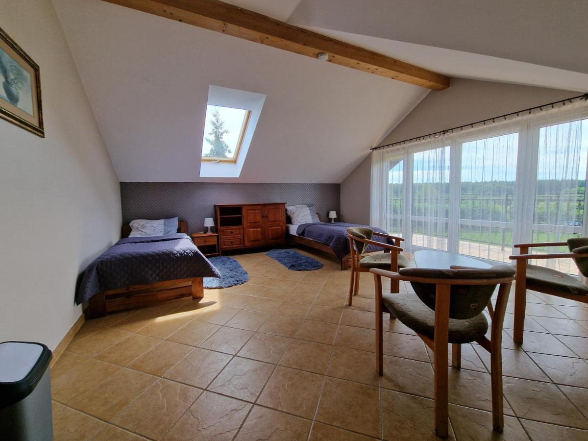 Pokój na poddaszu z dwoma łóżkami pojedynczymi, drewnianymi meblami, oknem dachowym i widokiem na zewnątrz przez duże okna balkonowe.