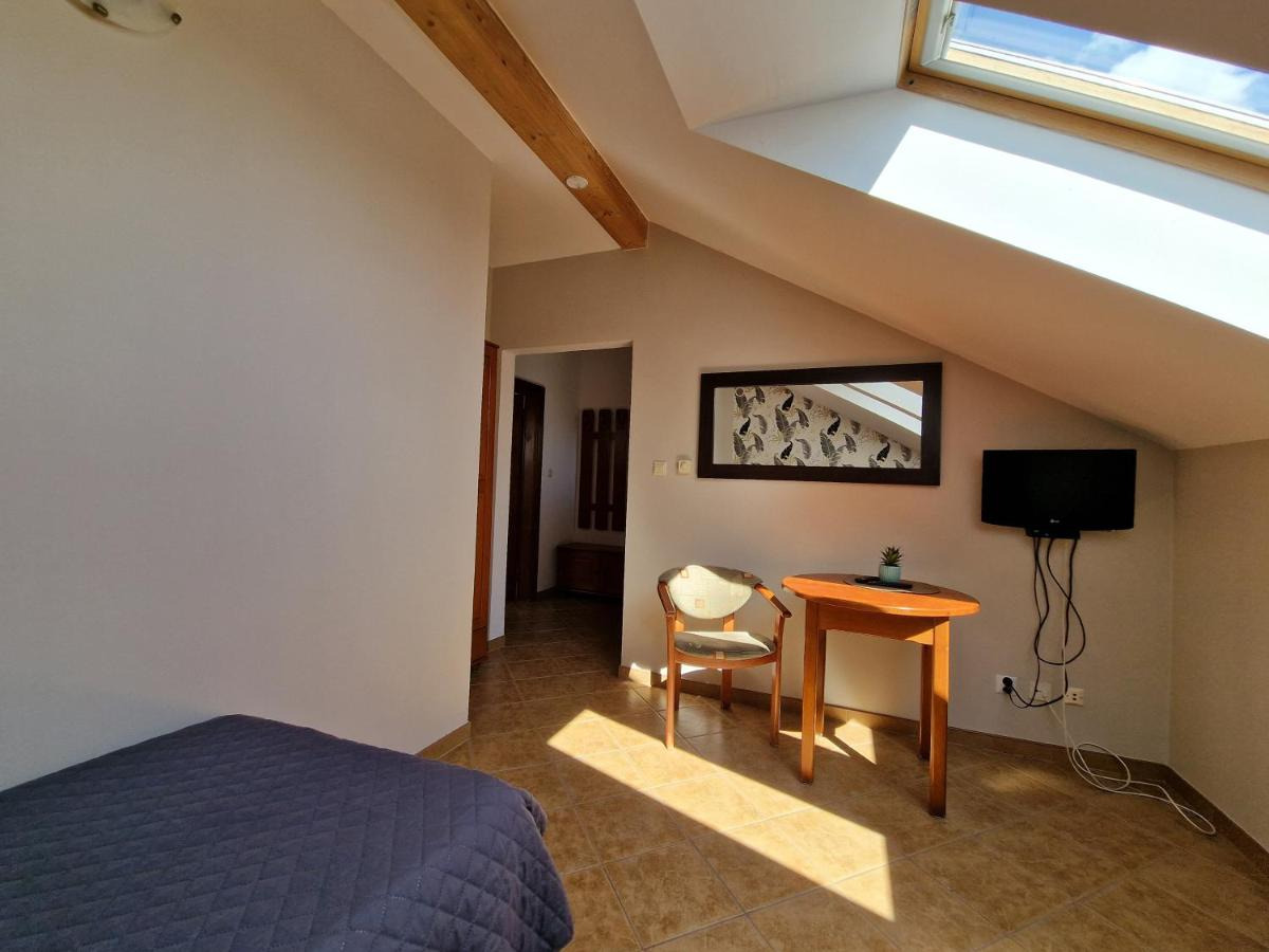 Pokój na poddaszu z oknem dachowym, łóżkiem z szarą narzutą, drewnianym stołem i krzesłem oraz telewizorem na ścianie. Na ścianie wisi obraz w ciemnej ramie z motywem ptaków. Promienie słoneczne...