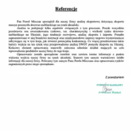 Skan dokumentu referencyjnego od Zakładu Budowy Maszyn MADREW Sp. z o.o. z dnia 23.10.2013 r., potwierdzającego sporządzenie analizy eksportowej na rynek ukraiński przez Pana Pawła Mieczana,...