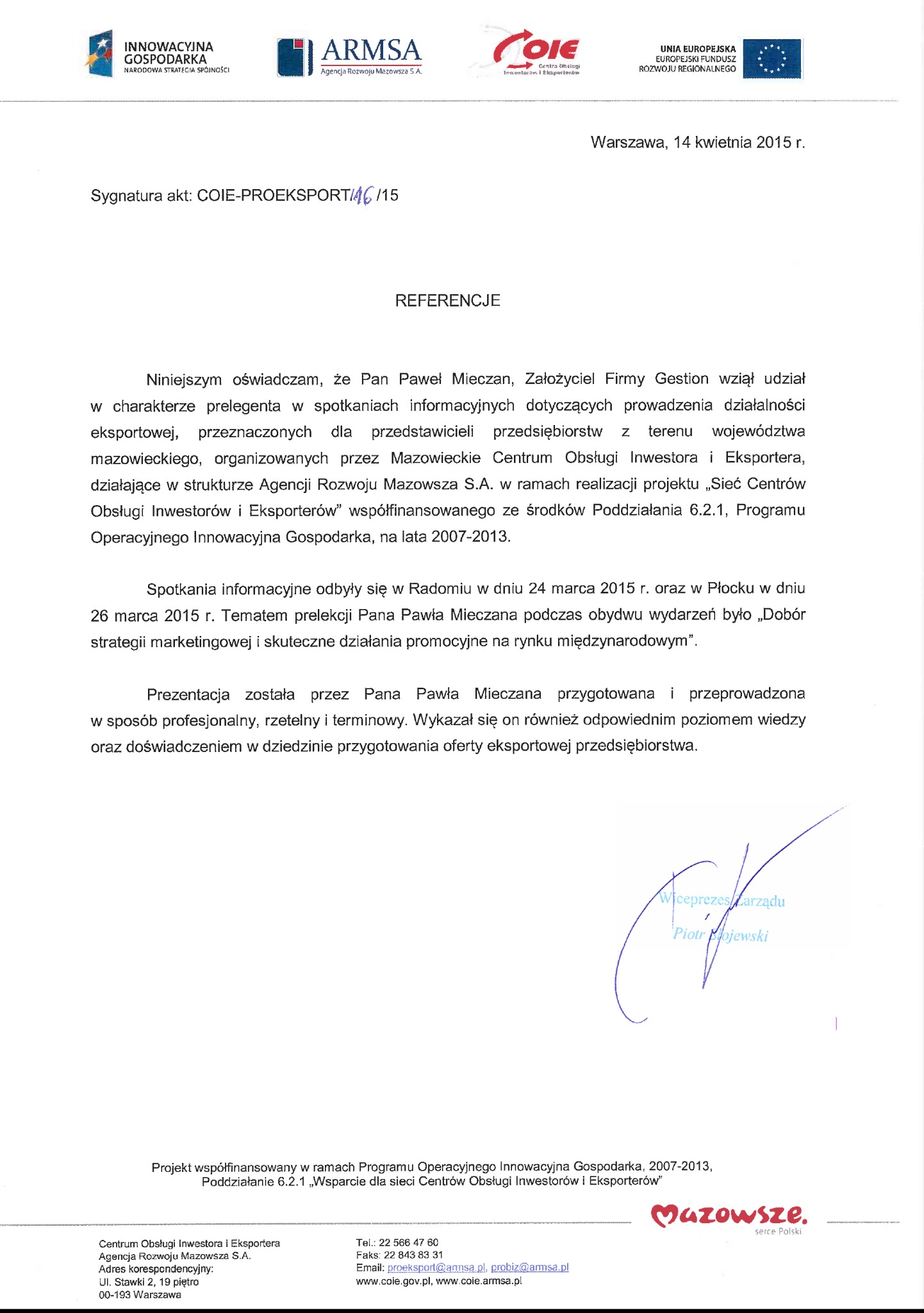 Skan dokumentu referencyjnego z 2015 roku dla Pana Pawła Mieczana, dotyczący jego prelekcji o działalności eksportowej, z logotypami Innowacyjna Gospodarka, ARMSA i COIE.