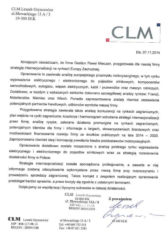 Skan dokumentu z tekstem o strategii internacjonalizacji firmy, z logo CLM i podpisem, datowany na 07.11.2014.
