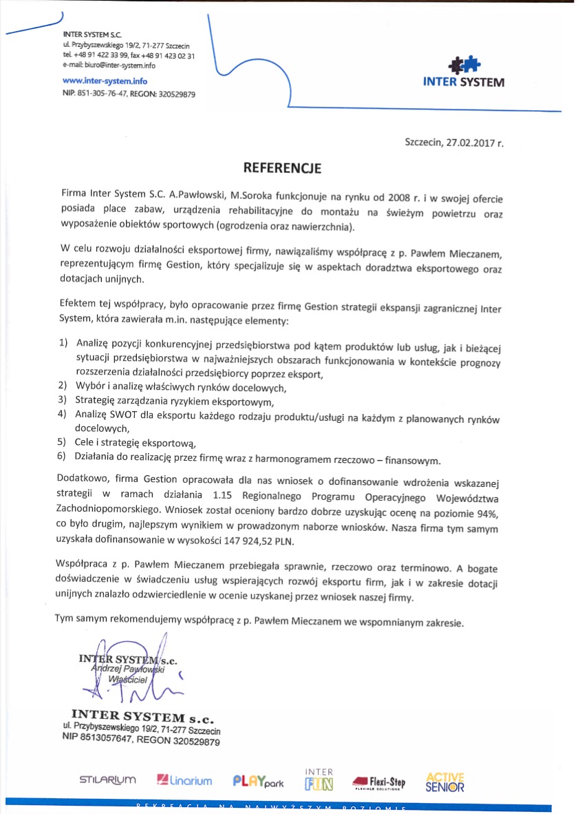 Skan referencji firmy Inter System S.C. z dnia 27.02.2017, potwierdzające współpracę z firmą Gestion w zakresie doradztwa eksportowego i dotacji unijnych, z informacją o uzyskanym dofinansowaniu...