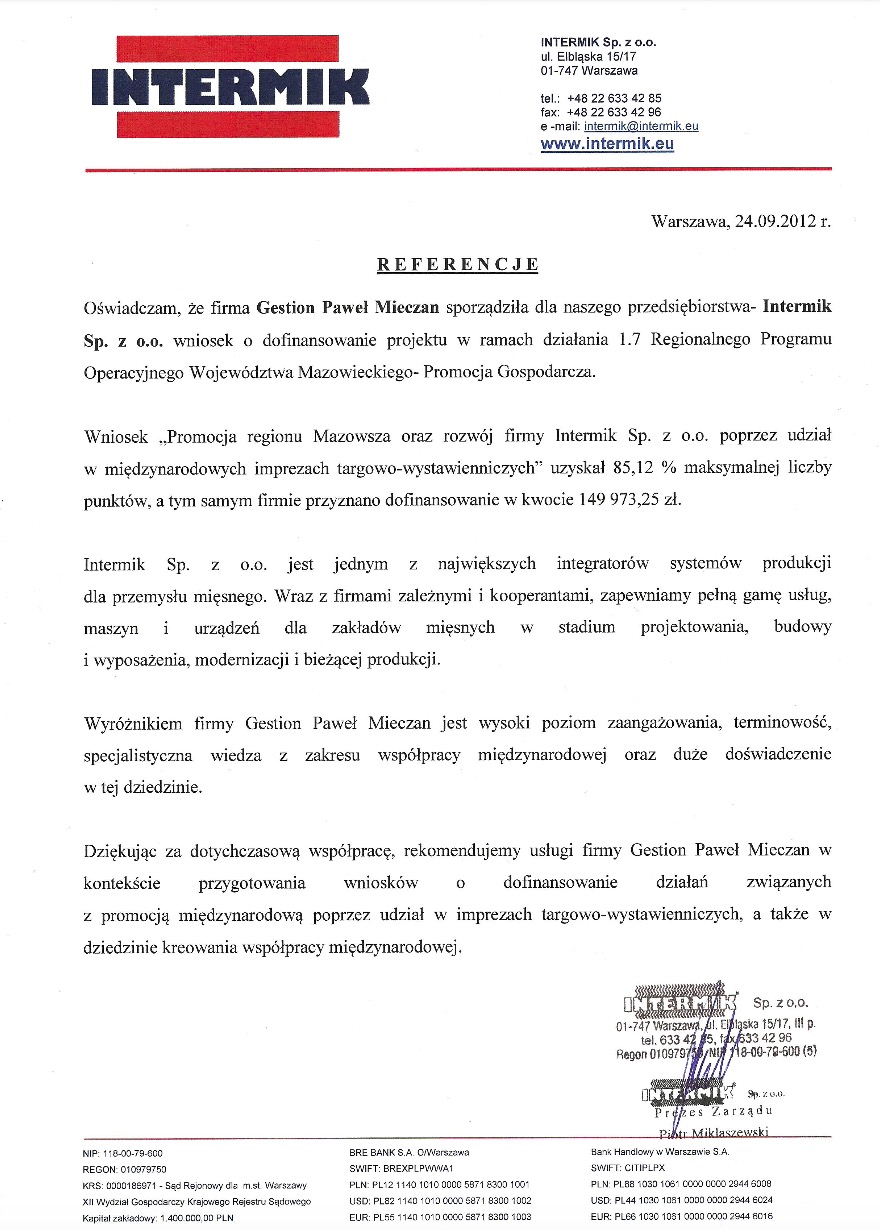 Skan referencji dla firmy Intermik Sp. z o.o. dotyczący wniosku o dofinansowanie projektu w ramach Regionalnego Programu Operacyjnego Województwa Mazowieckiego.