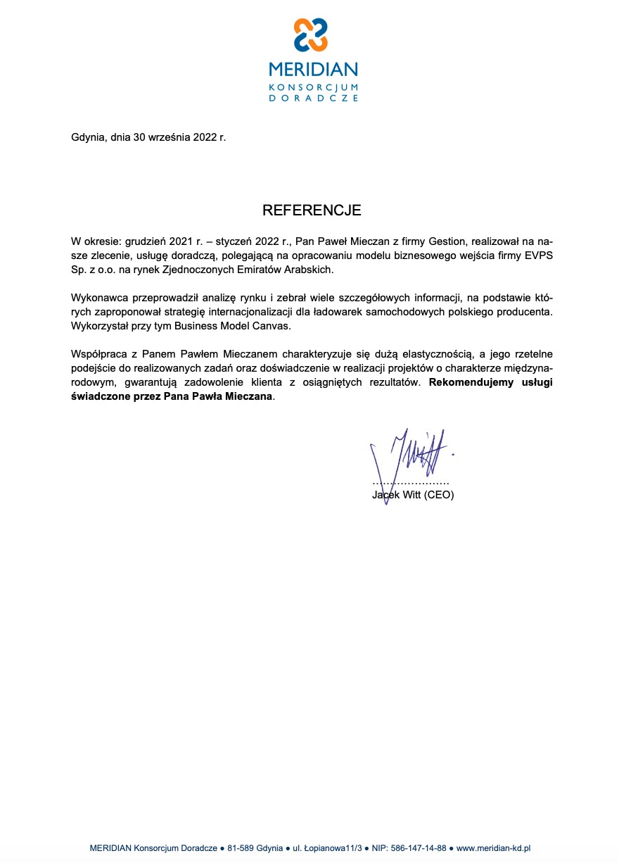 Skan dokumentu referencyjnego od Meridian Konsorcjum Doradcze z Gdyni, potwierdzający realizację usługi doradczej dla firmy EVPS Sp. z o.o. w zakresie wejścia na rynek Zjednoczonych Emiratów...