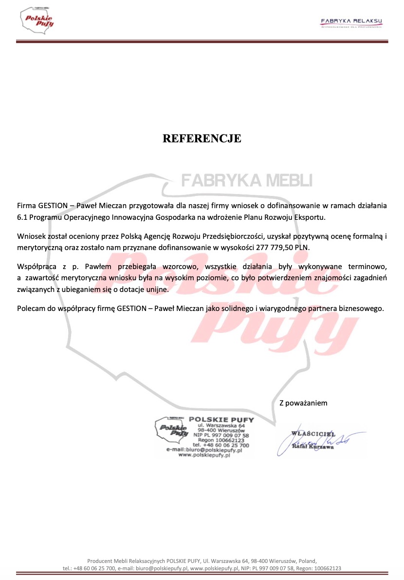 Skan referencji dla firmy Fabryka Mebli od firmy GESTION, potwierdzających uzyskanie dofinansowania unijnego w kwocie 277 779,50 PLN, z podpisem właściciela Polskie Pufy.