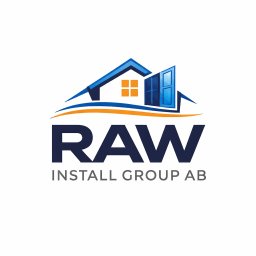 ARTILIGENCE PROSTA SPÓŁKA AKCYJNA - Logo firmy RAW Install Group AB z motywem domu i otwartych drzwi w odcieniach niebieskiego i pomarańczowego na białym tle. Nowoczesny design.