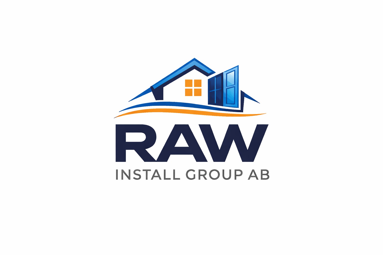 Logo firmy RAW Install Group AB z motywem domu i otwartych drzwi w odcieniach niebieskiego i pomarańczowego na białym tle. Nowoczesny design.