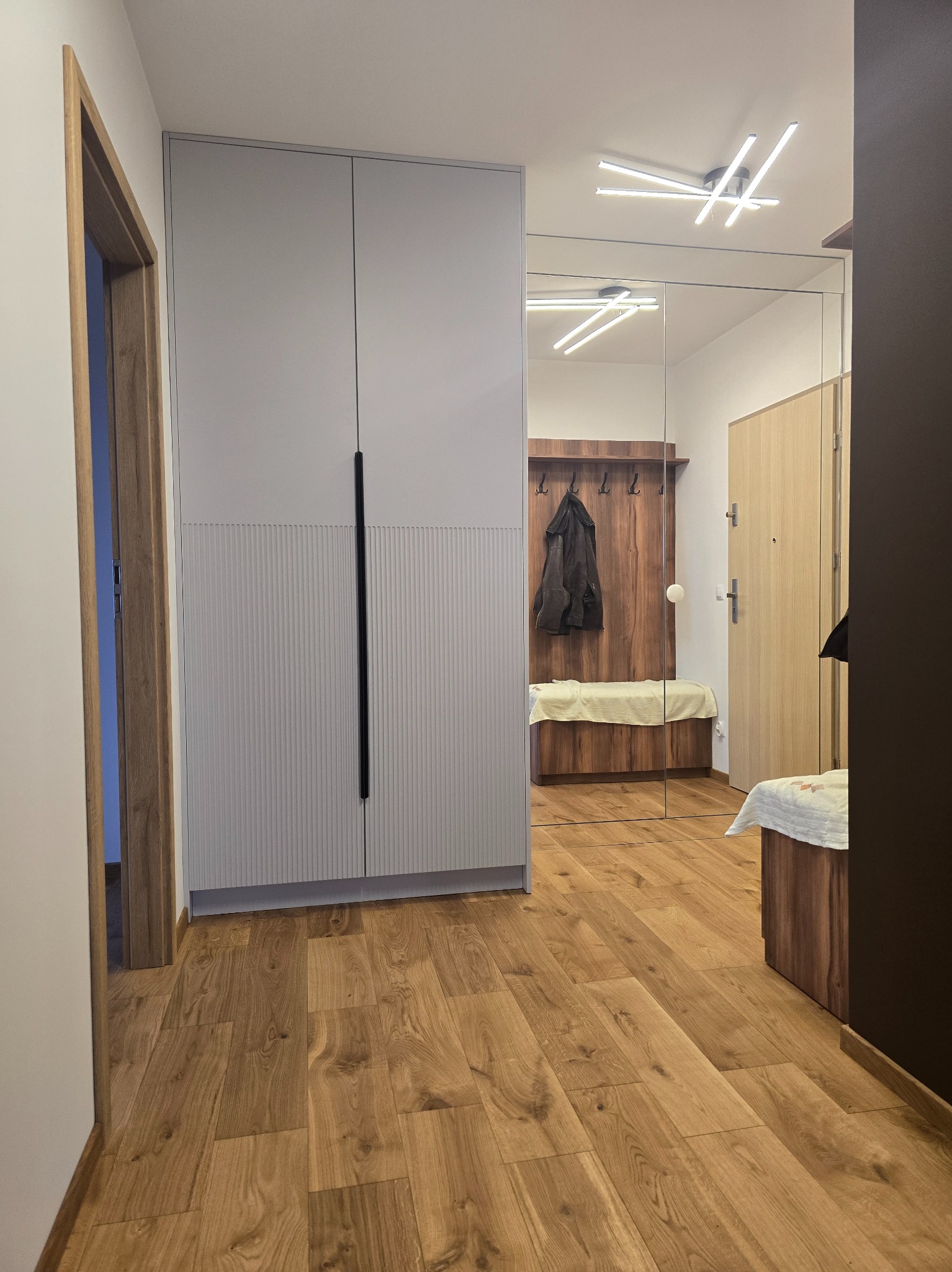 Szafa wnękowa z lustrzanymi drzwiami, zintegrowana z aranżacją przedpokoju. Widoczne drewniane podłogi i nowoczesne oświetlenie sufitowe.