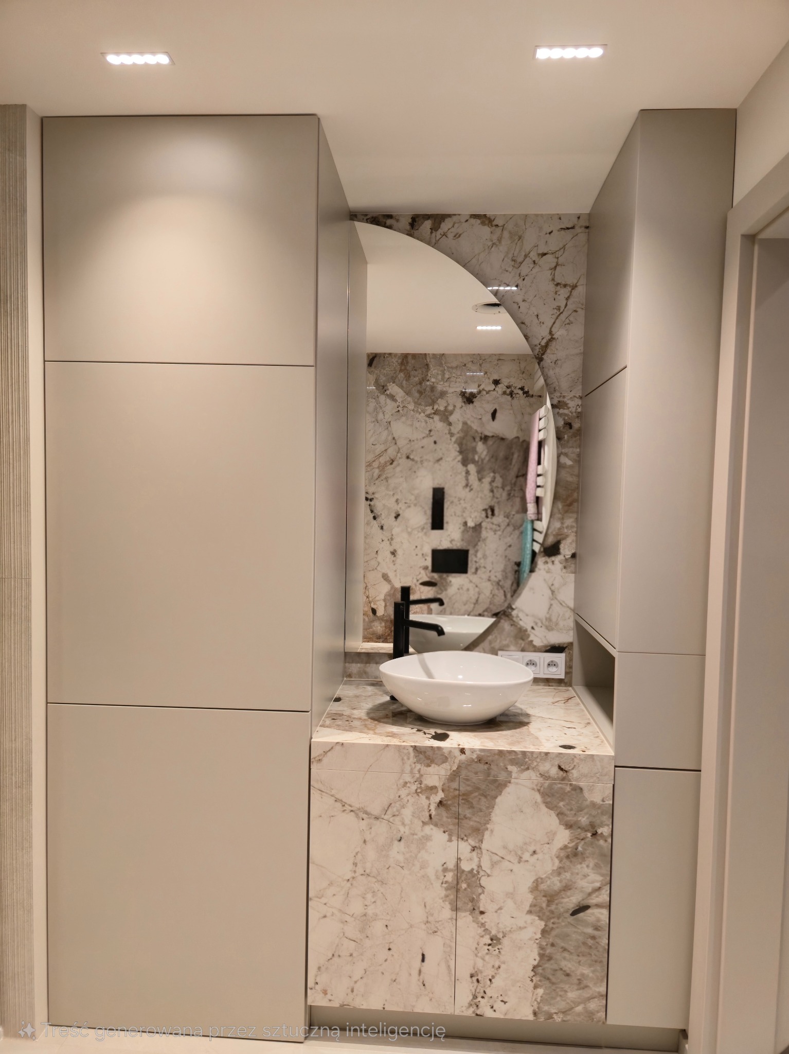 Nowoczesna łazienka z szafkami na wymiar w neutralnych barwach, marmurowym blatem i okrągłym lustrem. Umywalka nablatowa i czarna bateria dodają elegancji.