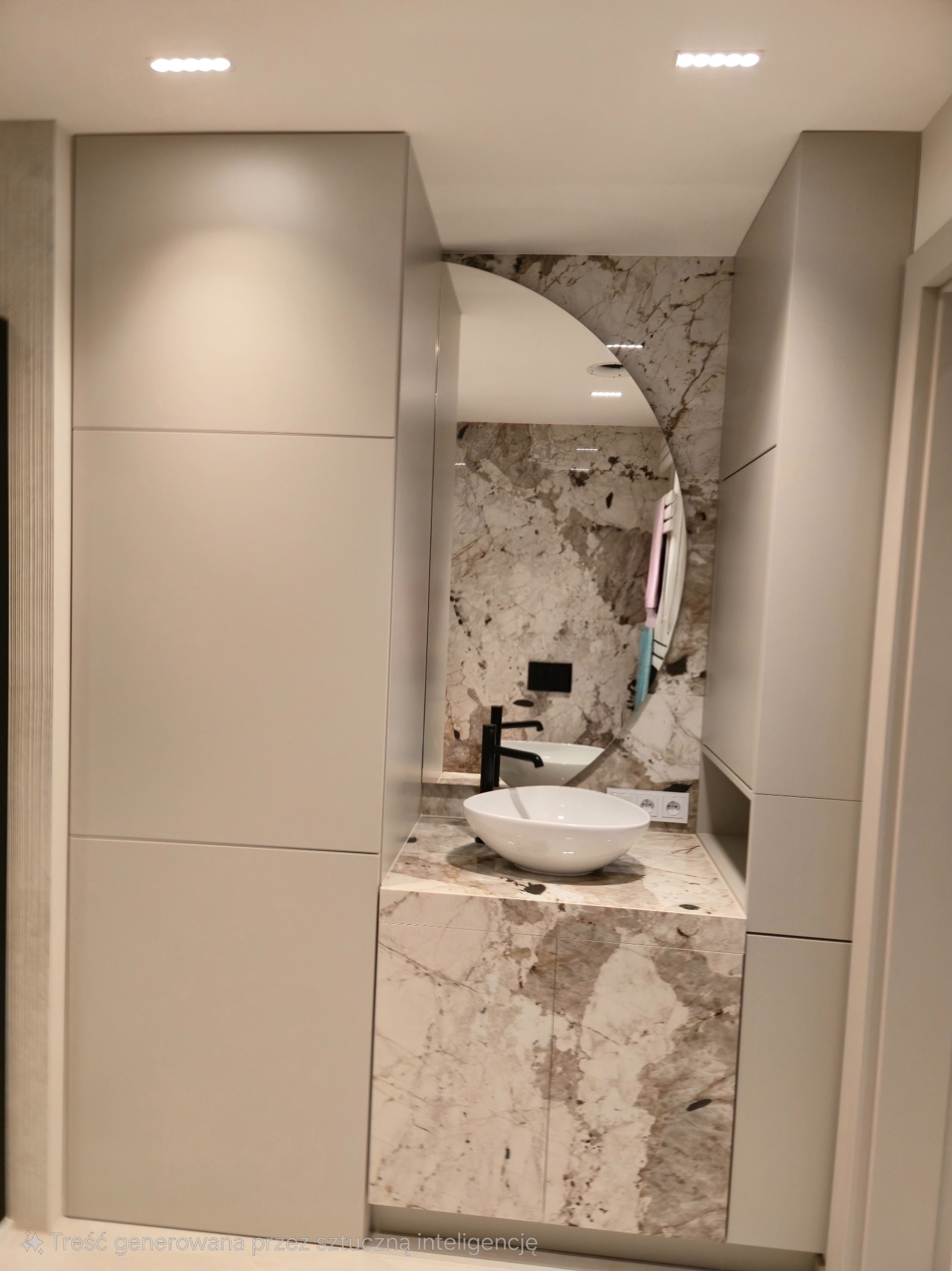 Nowoczesna łazienka z umywalką nablatową, marmurowym blatem i szafkami w odcieniach szarości. Okrągłe lustro odbija marmurową ścianę i minimalistyczną armaturę.