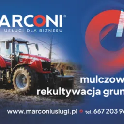 Czerwony ciągnik Massey Ferguson z mulczerem i obciążnikiem 1000kg na polu, logo firmy Marconi Usługi dla Biznesu w tle, reklama mulczowania i rekultywacji gruntów.