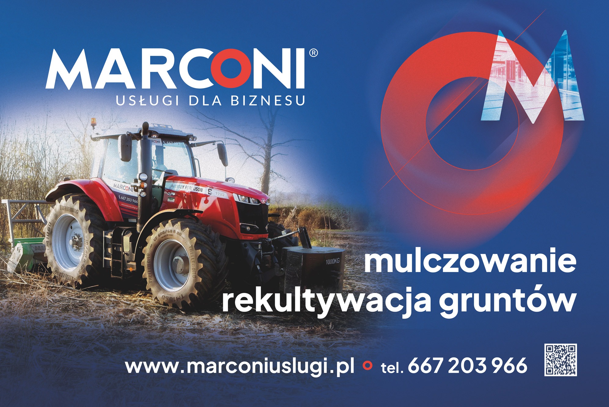 Czerwony ciągnik Massey Ferguson z mulczerem i obciążnikiem 1000kg na polu, logo firmy Marconi Usługi dla Biznesu w tle, reklama mulczowania i rekultywacji gruntów.