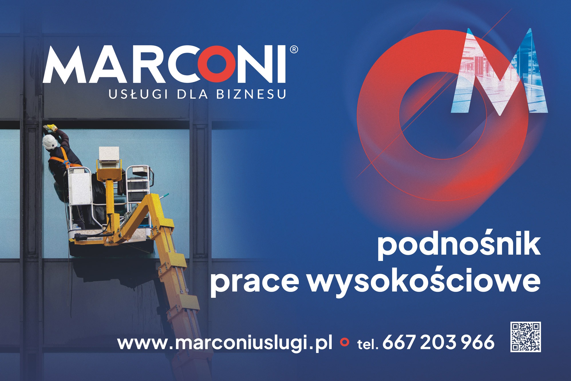 Grafika reklamowa firmy świadczącej usługi wysokościowe, przedstawia pracownika na podnośniku podczas czyszczenia okien biurowca, logo firmy w górnej części, hasło reklamowe 'podnośnik prace...