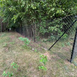 GARD Systemy Ogrodzeniowe Łukasz Zaręba - Długa, czarna siatka ogrodzeniowa, biegnąca wzdłuż granicy lasu. Słupki ogrodzenia są solidne, a siatka gęsta. Widoczne drzewa i trawa w tle.