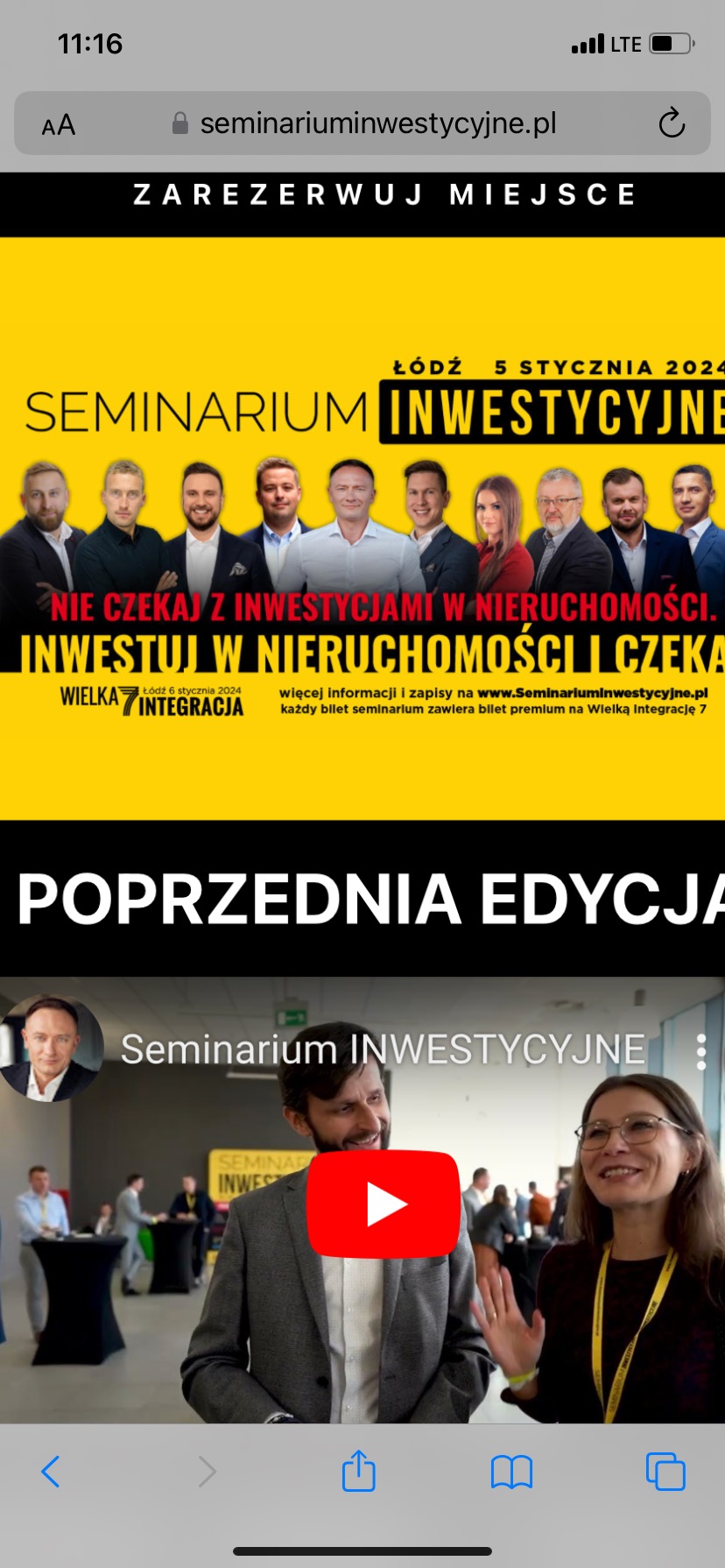 Zrzut ekranu strony internetowej seminariuminwestycyjne.pl z informacją o seminarium inwestycyjnym w Łodzi, 5 stycznia 2024, widoczny fragment poprzedniej edycji z nagraniem wideo i uśmiechniętymi...
