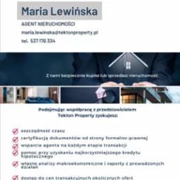 Reklama biura nieruchomości Tekton Property z danymi kontaktowymi agenta Maria Lewińska, logo firmy, hasłem 'Z nami bezpiecznie kupisz lub sprzedasz nieruchomość' oraz listą korzyści ze współpracy.