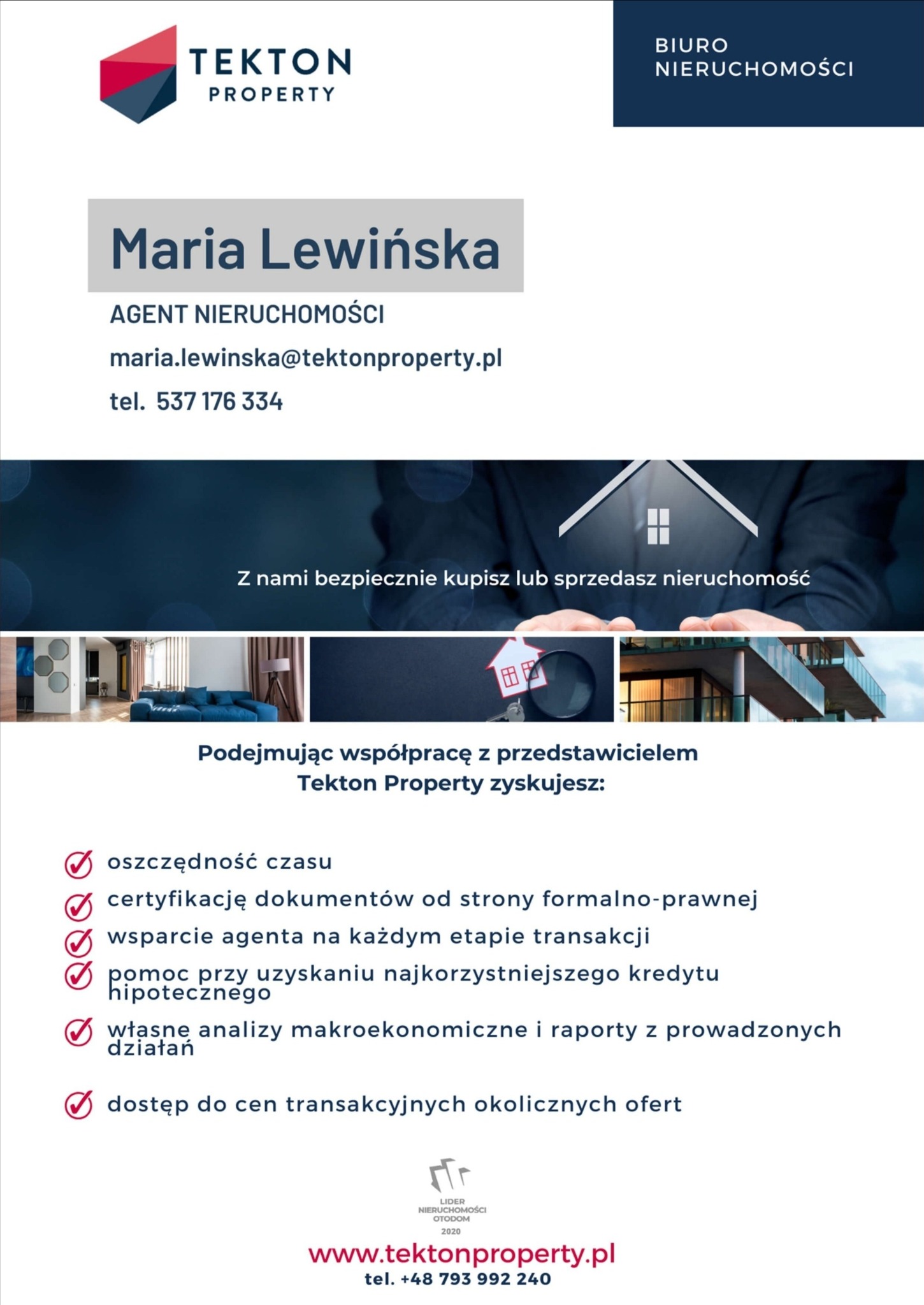 Reklama biura nieruchomości Tekton Property z danymi kontaktowymi agenta Maria Lewińska, logo firmy, hasłem 'Z nami bezpiecznie kupisz lub sprzedasz nieruchomość' oraz listą korzyści ze współpracy.