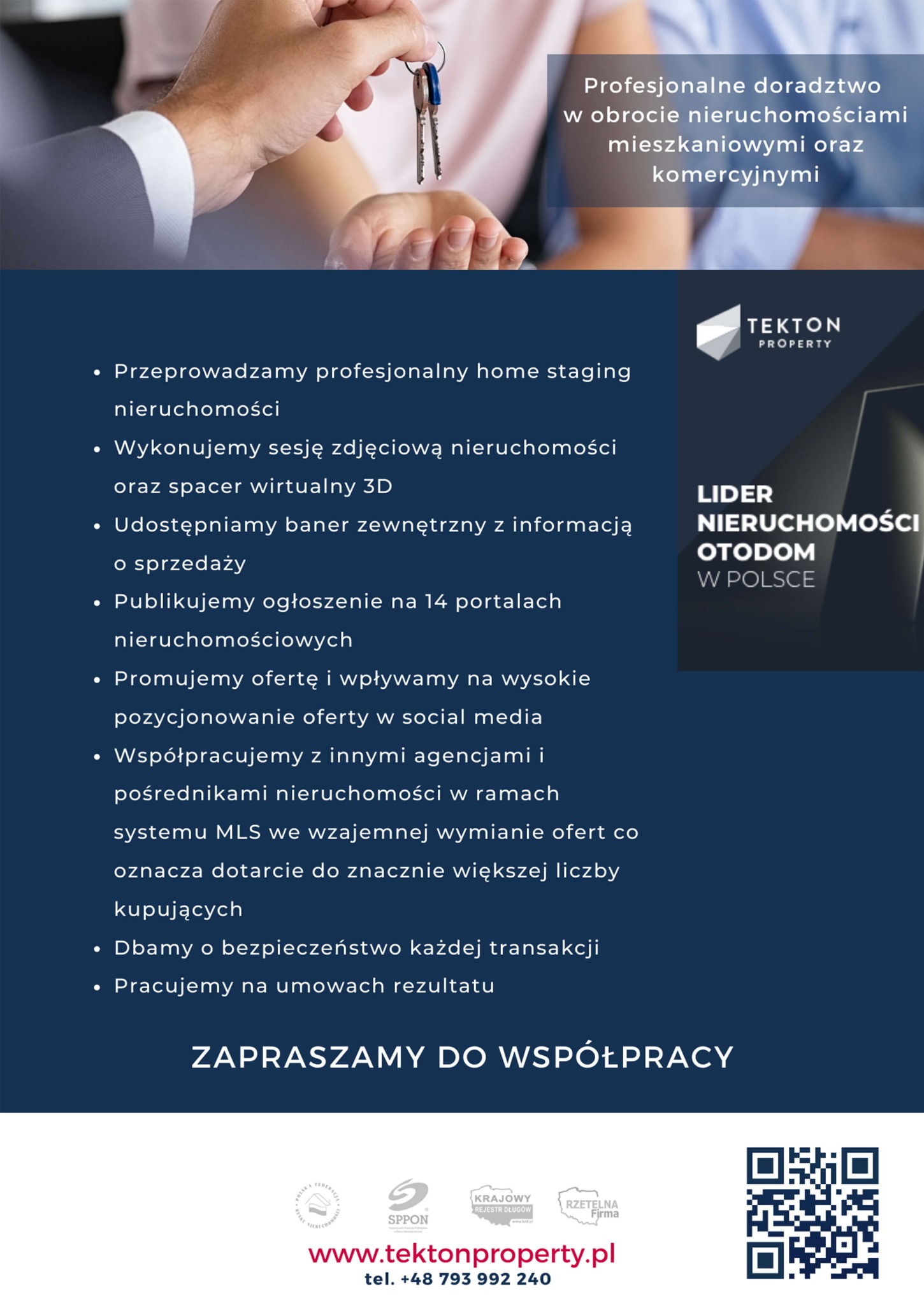 Mężczyzna w garniturze trzyma klucze do mieszkania, w tle tekst reklamowy agencji nieruchomości z hasłem 'Profesjonalne doradztwo w obrocie nieruchomościami mieszkaniowymi oraz komercyjnymi'.