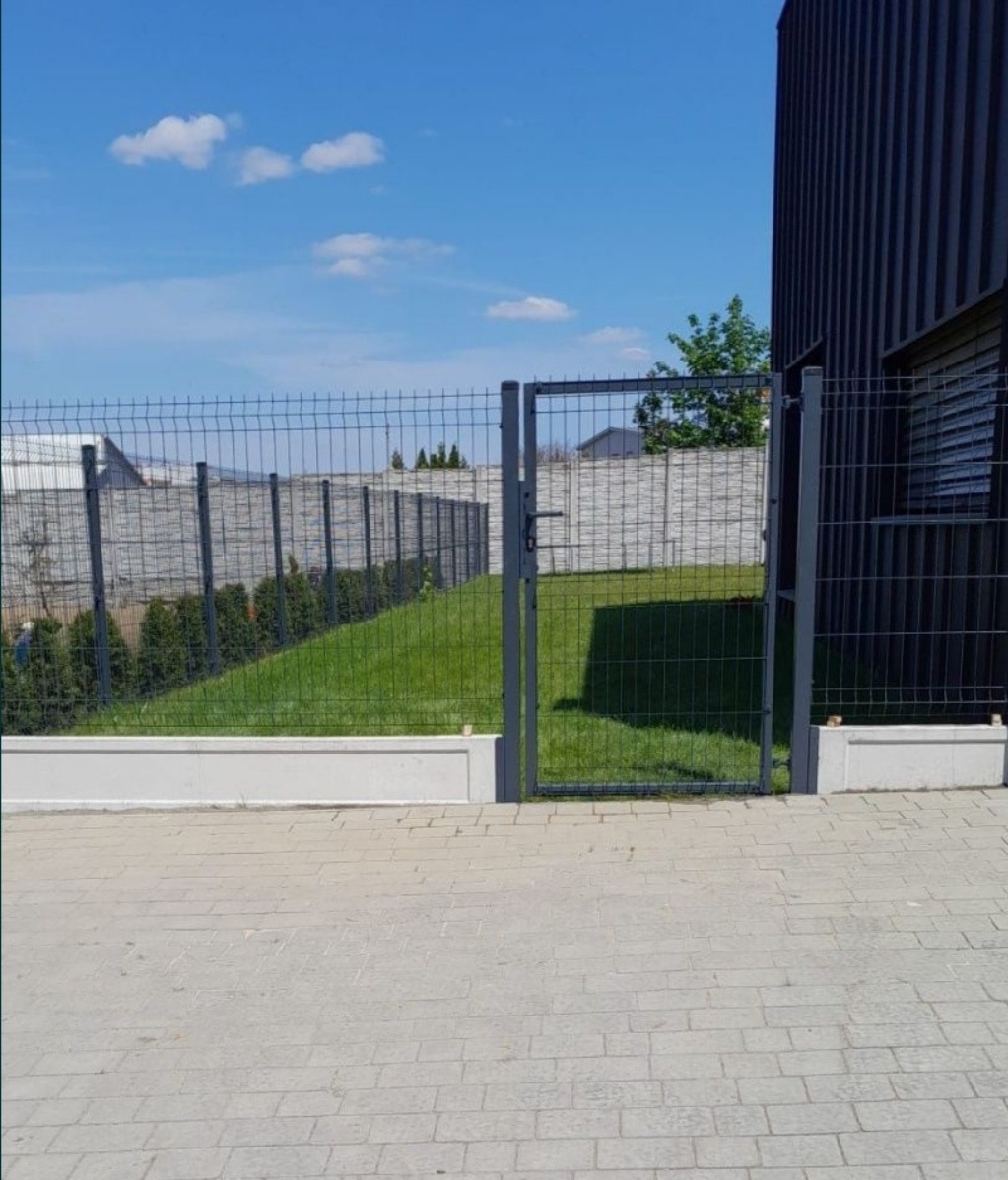 Nowoczesne ogrodzenie panelowe z furtką, widok z zewnątrz na posesję z trawnikiem i tujami, jasne niebo z chmurami.