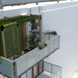 Wizualizacja balkonu z pionową ścianą zieleni, drewnianymi panelami i metalową konstrukcją, zapewniającą prywatność i osłonę od sąsiednich balkonów, widok z góry.