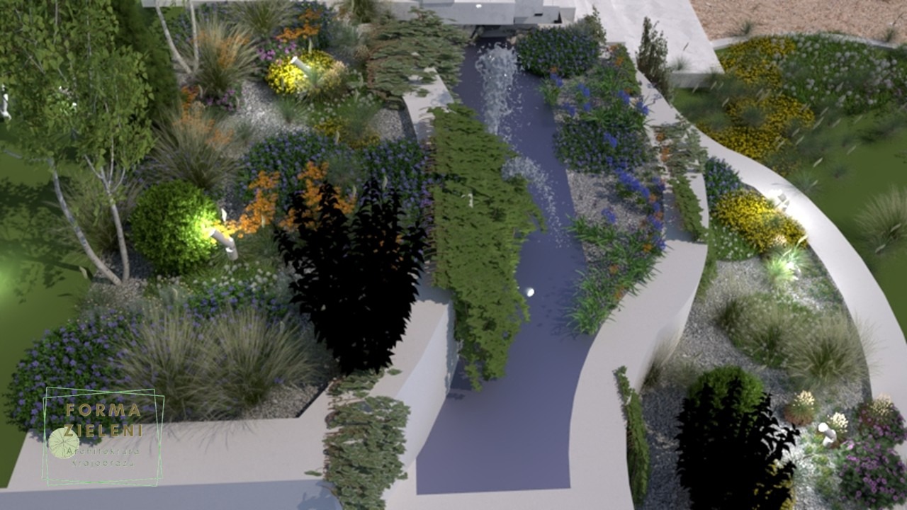 Wizualizacja ogrodu z kaskadą wodną, oświetleniem punktowym i różnorodną roślinnością. Widok z góry ukazuje kompozycję z kamieni i traw ozdobnych.