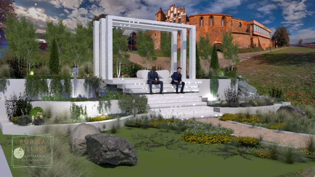 Wizualizacja ogrodu z białym pawilonem i siedzącymi postaciami na tle zamku. Uwagę przykuwają kaskadowe nasadzenia i ścieżka z kamieniami.