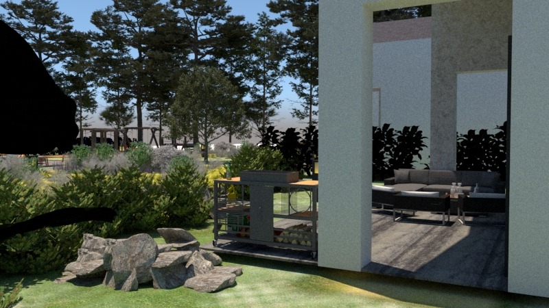 Wizualizacja ogrodu z kamienną aranżacją i grillem przy tarasie z meblami wypoczynkowymi. Widok z wnętrza budynku na zewnątrz, drzewa w tle.