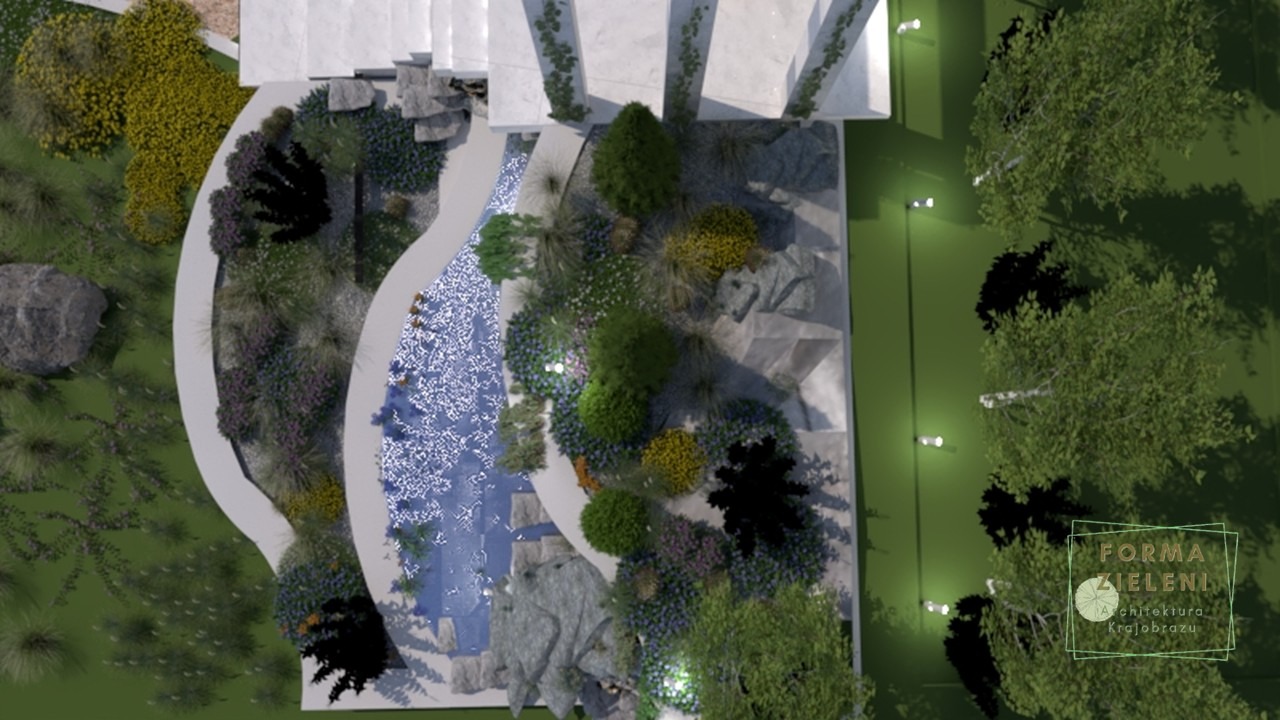 Wizualizacja 3D ogrodu z oczkiem wodnym, kamieniami i pergolą. Widok z góry prezentuje zróżnicowaną roślinność i oświetlenie, ukazując nowoczesny projekt zagospodarowania przestrzeni.