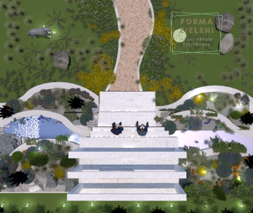 Wizualizacja ogrodu z białymi schodami, ścieżką i stawem, widok z góry. Uwagę przykuwa logo 'Forma Zieleni' w prawym górnym rogu i dwie osoby na schodach.