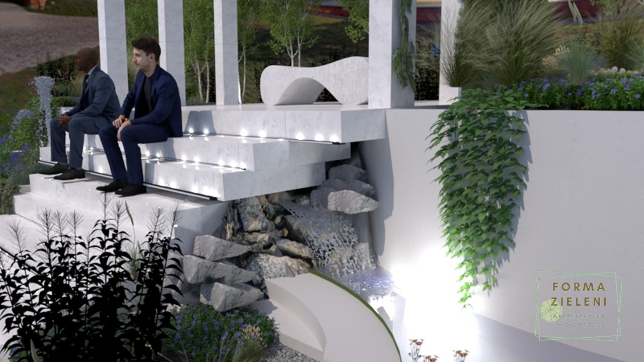 Wizualizacja ogrodu z nowoczesną architekturą: białe schody z podświetleniem LED, wodospad z kamieni, minimalistyczna ławka i roślinność. Dwóch mężczyzn siedzi na schodach.