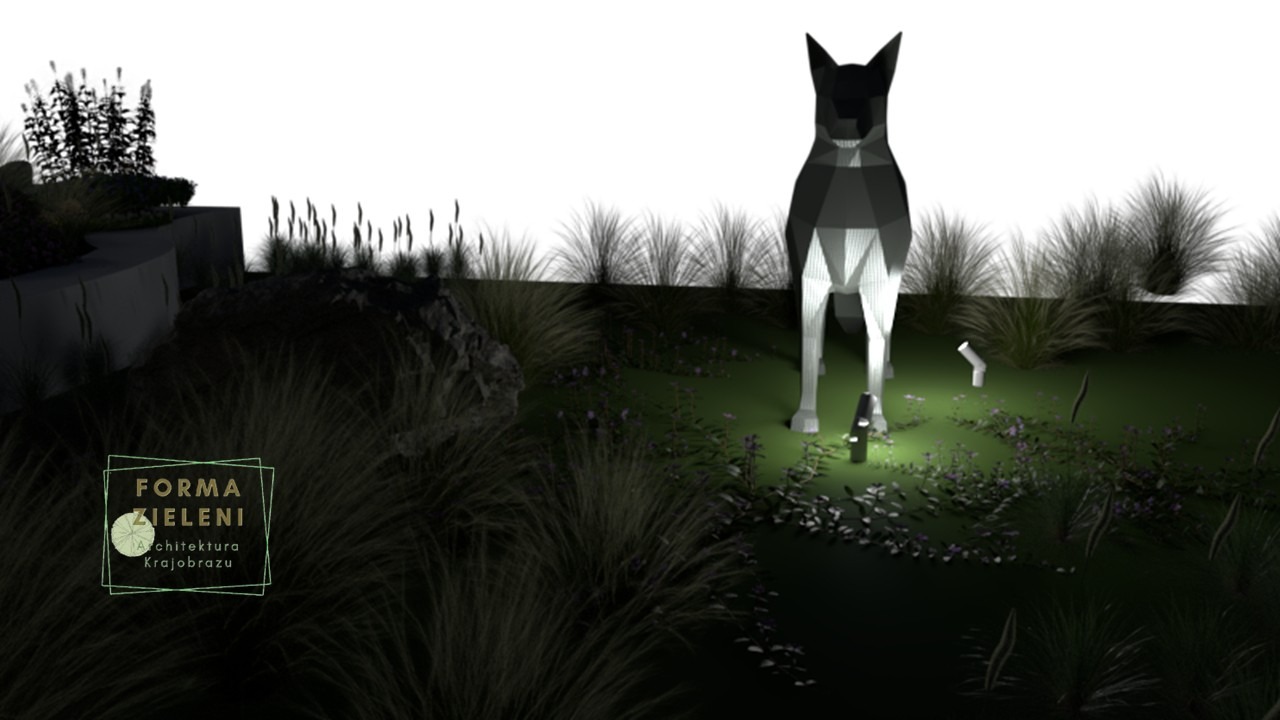 Wizualizacja ogrodu z nowoczesną rzeźbą psa podświetloną lampkami, otoczoną trawami i roślinami okrywowymi. Elementy architektury krajobrazu.