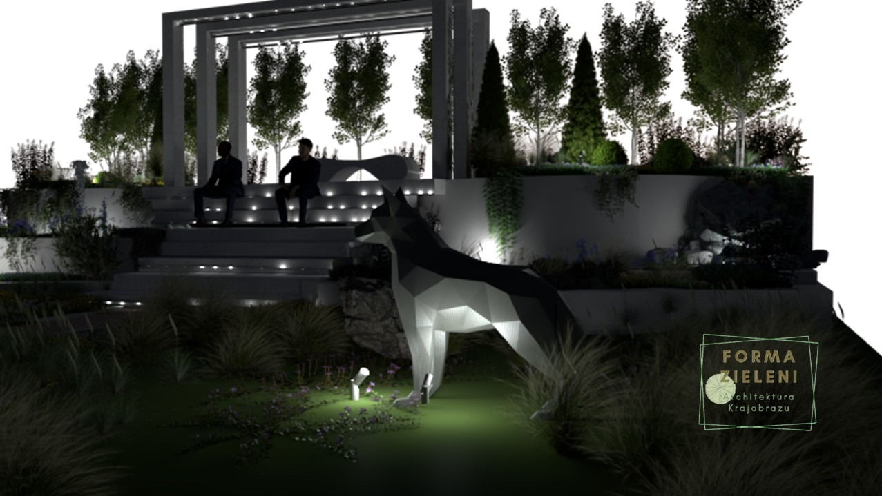 Iluminacja ogrodu z pergolą, rzeźbą psa i siedzącymi postaciami. Oświetlenie schodów i roślinności tworzy nowoczesny, nastrojowy krajobraz.