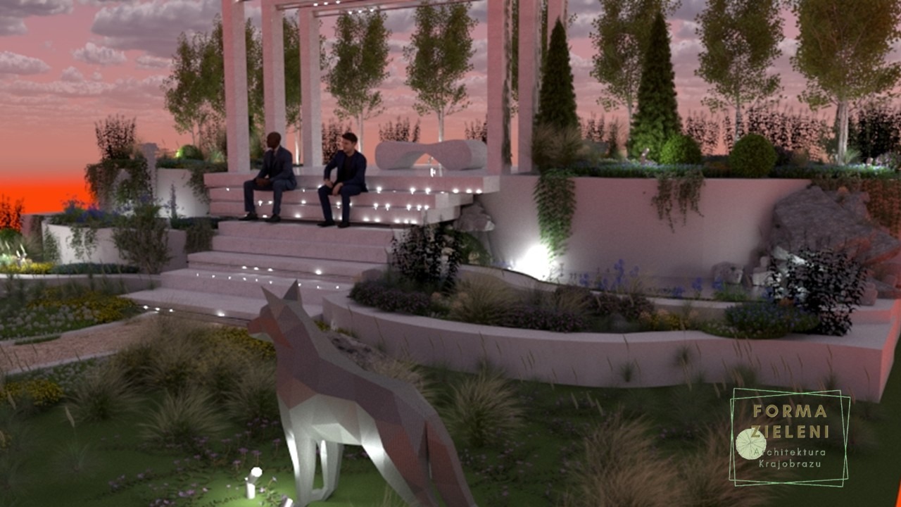 Wizualizacja ogrodu z pergolą, schodami i geometryczną rzeźbą wilka. Dwóch mężczyzn siedzi na schodach. W tle zachód słońca.
