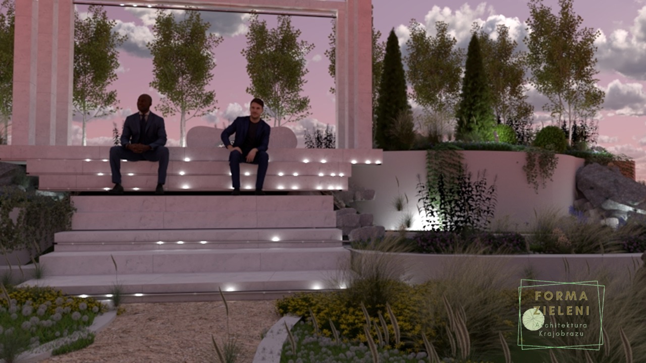 Wizualizacja ogrodu w stylu nowoczesnym z dwoma mężczyznami siedzącymi na schodach. Oświetlenie punktowe podkreśla architekturę krajobrazu. Tło: niebo o zachodzie słońca.