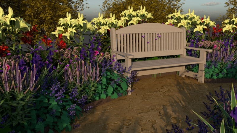 Oaza spokoju w Banino: Urokliwy ogród z ławką, otoczony kwitnącymi liliami, szałwią i innymi roślinami. Idealne miejsce na relaks i odpoczynek.