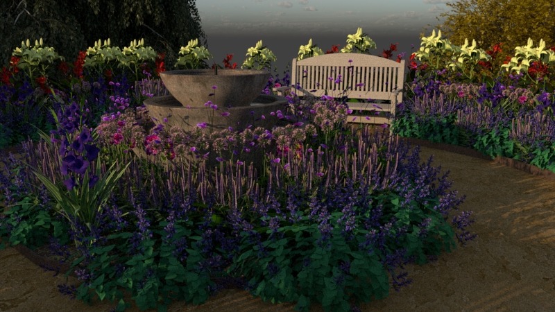 Aranżacja ogrodu z fontanną i ławką. Kwiaty w odcieniach fioletu, różu i bieli tworzą malowniczy krajobraz. Ścieżka prowadzi do ławki.