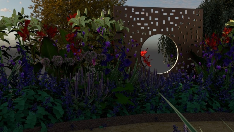 Koncepcja ogrodu z dekoracyjnym panelem z wyciętymi kwadratami i okrągłym lustrem, otoczona kolorowymi kwiatami: liliami, szałwią i czosnkiem ozdobnym.