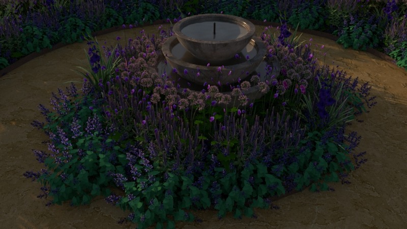 Kaskadowa fontanna otoczona fioletowymi i różowymi kwiatami, element aranżacji w ogrodzie, widok z góry.