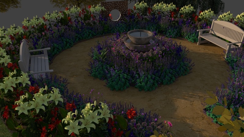 Wizualizacja ogrodu z fontanną i ławkami, otoczonego rabatami kwiatowymi w odcieniach bieli, czerwieni i fioletu. Ścieżka z piasku prowadzi wokół centralnej fontanny.