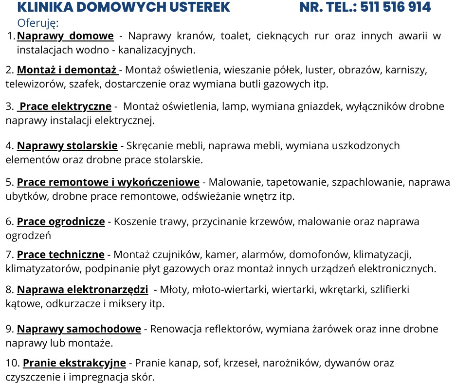 Lista usług 'Klinika Domowych Usterek' z numerem telefonu: naprawy domowe, montaż, elektryka, stolarstwo, remonty, ogrodnictwo, technika, elektronarzędzia, samochody, pranie.
