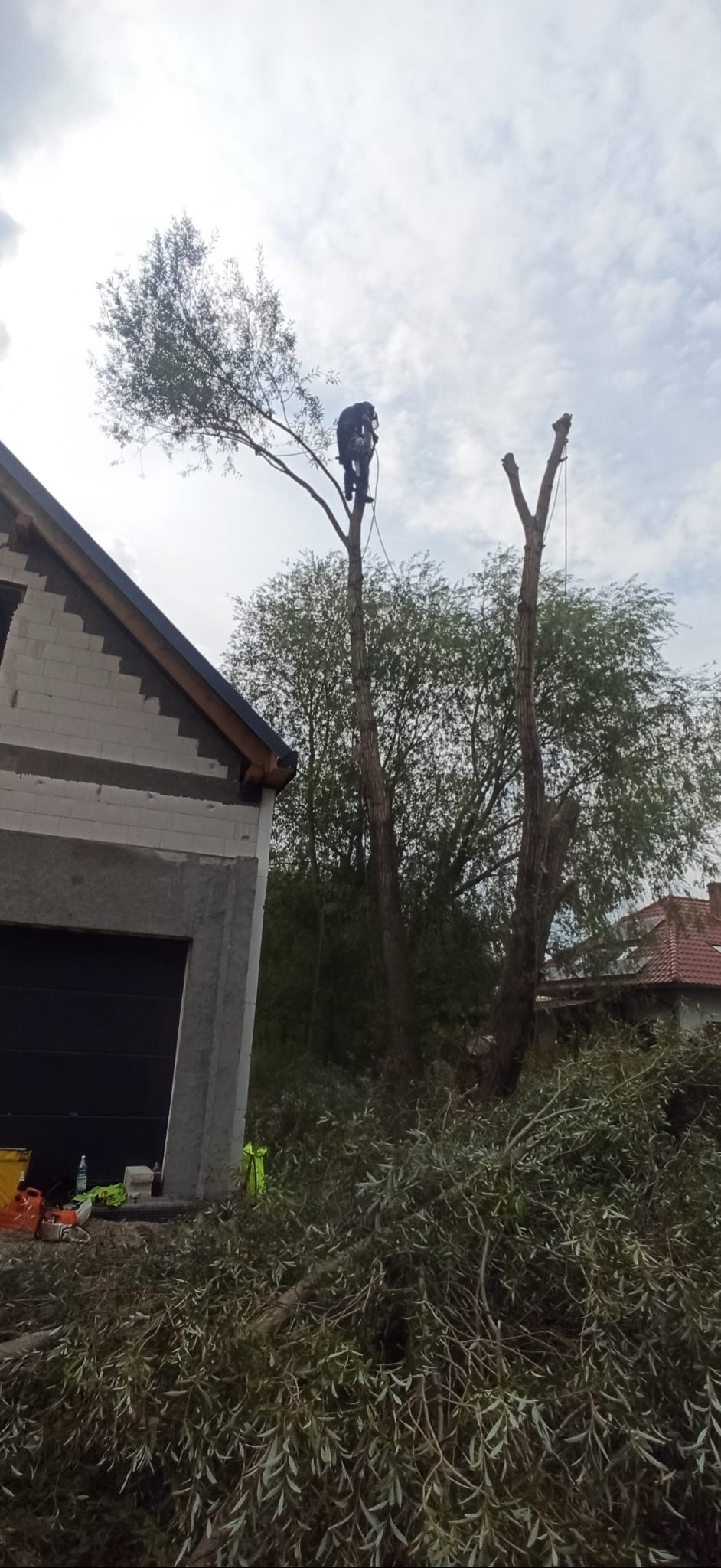 Pracownik w uprzęży przycina drzewo obok budynku w stanie surowym; gałęzie leżą na ziemi. Widoczne narzędzia i fragment posesji.