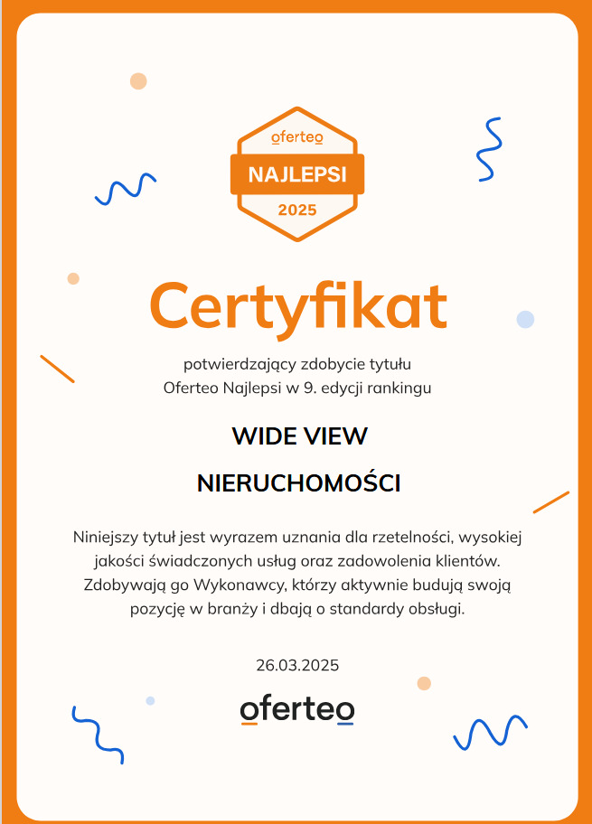 Certyfikat Oferteo Najlepsi 2025 dla Wide View Nieruchomości, potwierdzający wysoką jakość usług i zadowolenie klientów. Pomarańczowa ramka, minimalistyczny design.