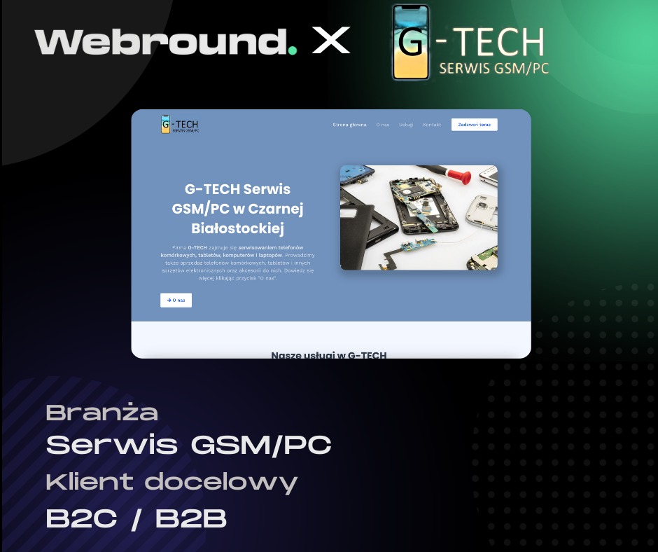 G-Tech - Strona internetowa zawierająca rozpiskę usług oraz dane firmy wraz z socialmediami